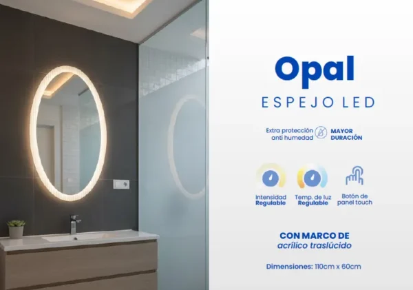 Espejo LED Opal 110x60cm – Iluminación de Lujo con Marco Acrílico