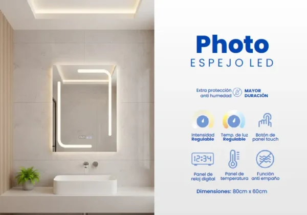 Espejo LED Photo 80x60cm – Innovación y Confort Visual
