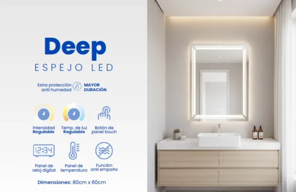 Espejo LED Deep 80x60cm – Efecto Visual y Conectividad