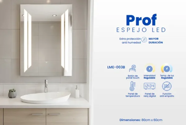 Espejo LED Prof 80x60cm – Estilo Minimalista y Tecnología Funcional