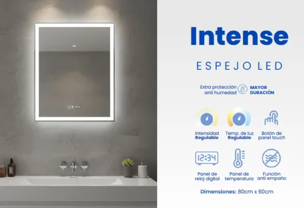 Espejo LED Intense 80x60cm – Iluminación Potente y Conectividad