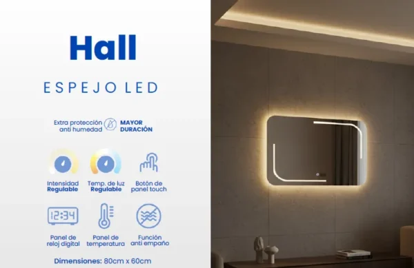 Espejo LED Hall 80x60cm – Estilo Soft y Funcionalidad Avanzada