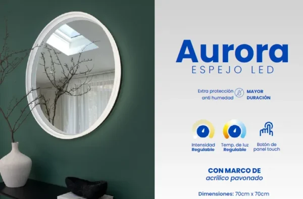 Espejo LED Aurora 70cm – Estilo Frosted y Tecnología Táctil