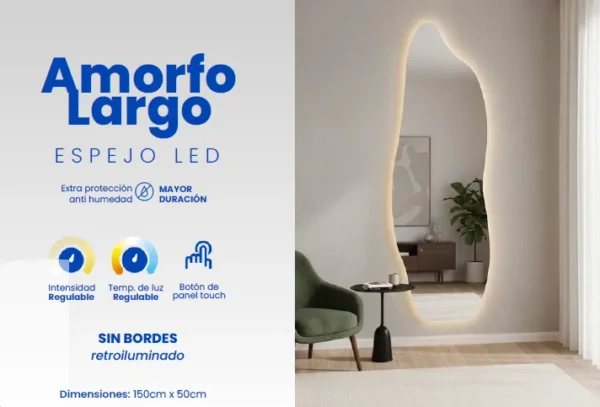 Espejo LED Amorfo Largo 150x50cm – Estilo Fluido y Luz Ambiental