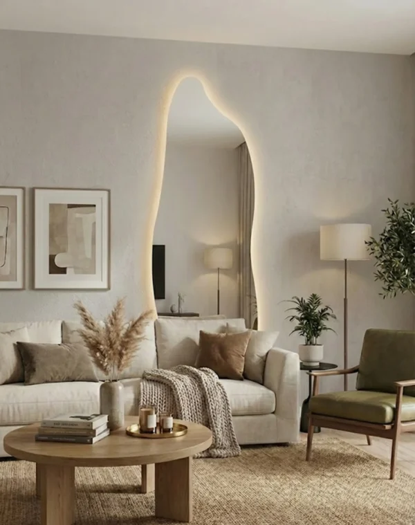 Espejo LED Amorfo Largo 150x50cm – Estilo Fluido y Luz Ambiental